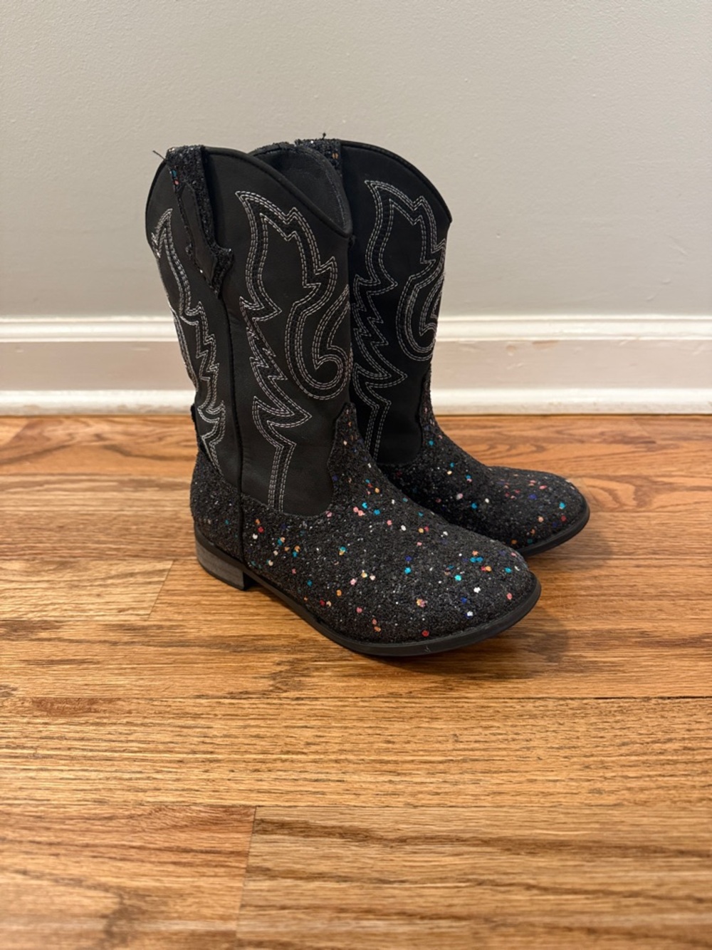 Kids Black Glitter Cowboy Boots with Multicolor Speckles- size 13